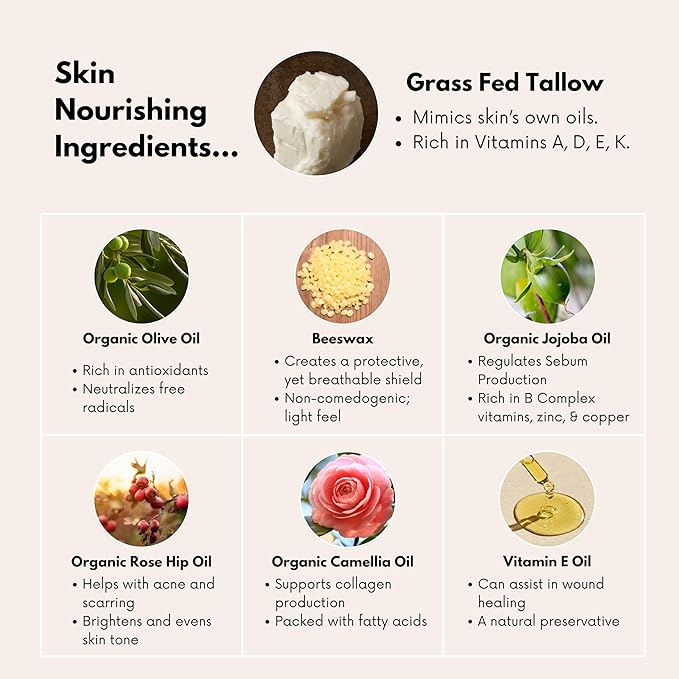 Tallow and Rose Hip Barrier Balm, Grass-Fed Tallow with Beeswax and Rosehip Oil, 2oz, All Skin Types, Face and Body (2oz, Bare (unscented))