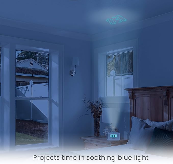 Homedics Dual Alarm Digital FM Clock Radio Time Projection, 8 Relaxing Nature Sounds, LED Display, Multi-Alarm Snooze, Sleep Timer, Nightlight, Ceiling Clock SoundSpa, White
