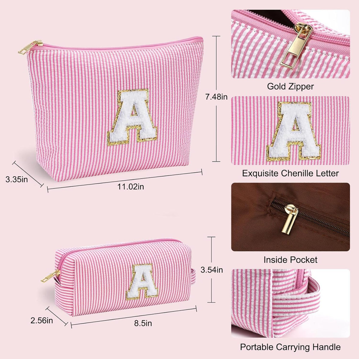 YOOLIFE Initial Makeup Bag for Girls, Travel Cosmetic Bag with Small Makeup Brush Bag Cute Makeup Bag Toiletry Travel Bag Personalized Wife Friend Gifts Makeup Birthday Gifts for Women Her Pink R