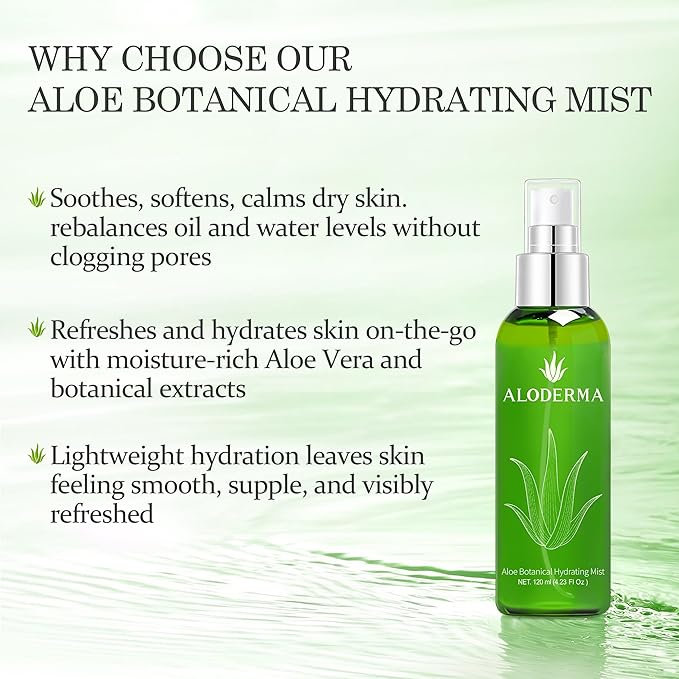 Aloderma Organic Aloe Botanical Hydrating Mister - Made within 12 Hours of Harvest to Soothe & Moisturize, Lightweight Fine Mist Facial Spray - Refresh & Hydrate Skin Through the Day, 120ml/4.23Oz