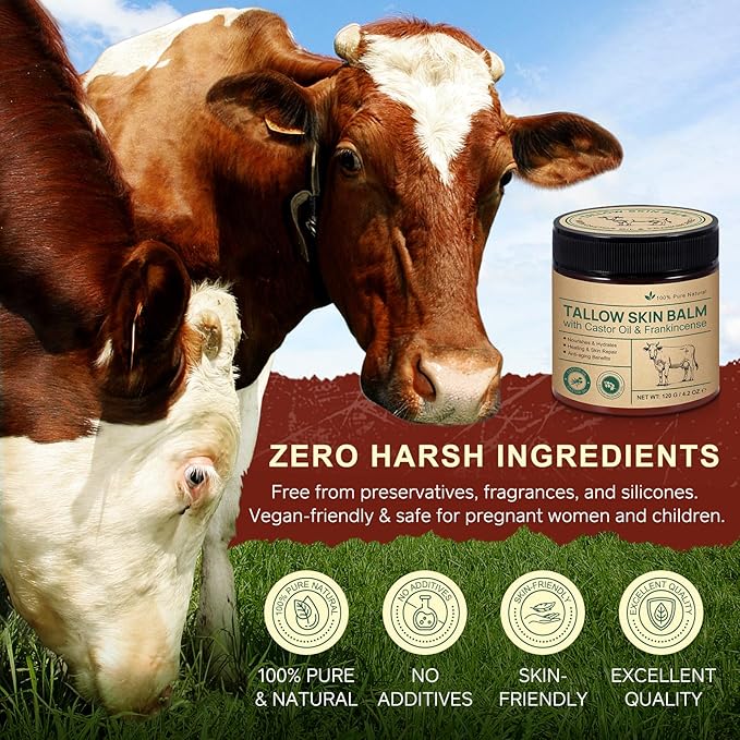 Tallow Skin Balm With Castor Oil & Frankincense, Vitality Frankincense Balms 100% Grass-Fed Tallows For Skin Care Castor Oil Balm Beef Tallow For Face & Body120 G/4.2 Oz