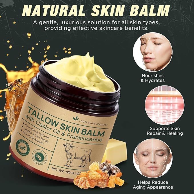 Tallow Skin Balm With Castor Oil & Frankincense, Vitality Frankincense Balms 100% Grass-Fed Tallows For Skin Care Castor Oil Balm Beef Tallow For Face & Body120 G/4.2 Oz