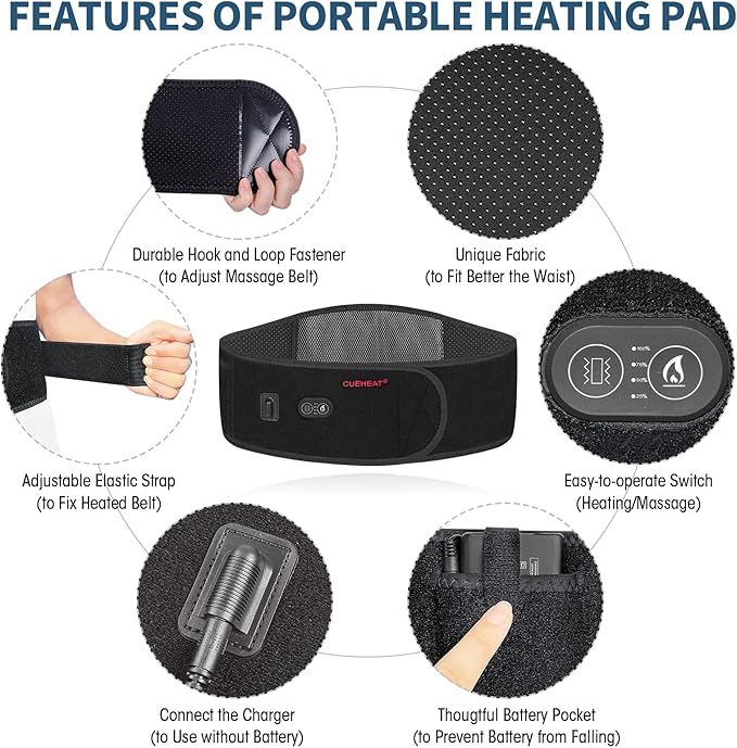CUEHEAT Heated Waist Belt, Cordless Heating Pad for Low Back, Electrical Heating and Massage, Rechargeable Battery Powered (Black, 53 inches)