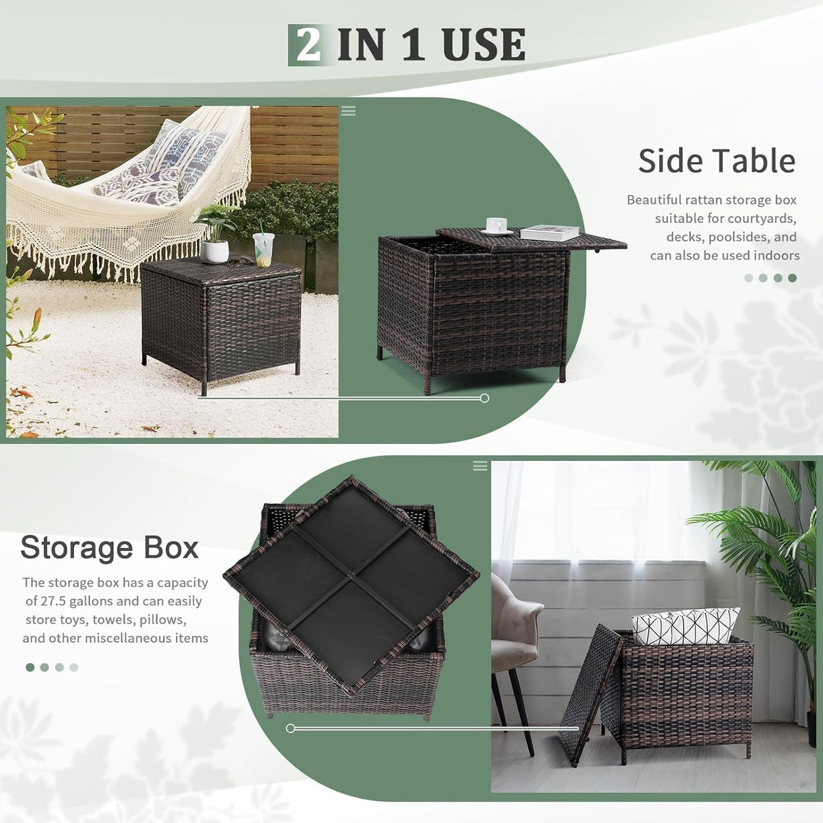 MarketLane Outdoor Side Table, Rattan Coffee Table with Storage 13 Gallon Patio Small Deck Storage Box for Cushion Towel Books, Brown Side Table with lid,Square