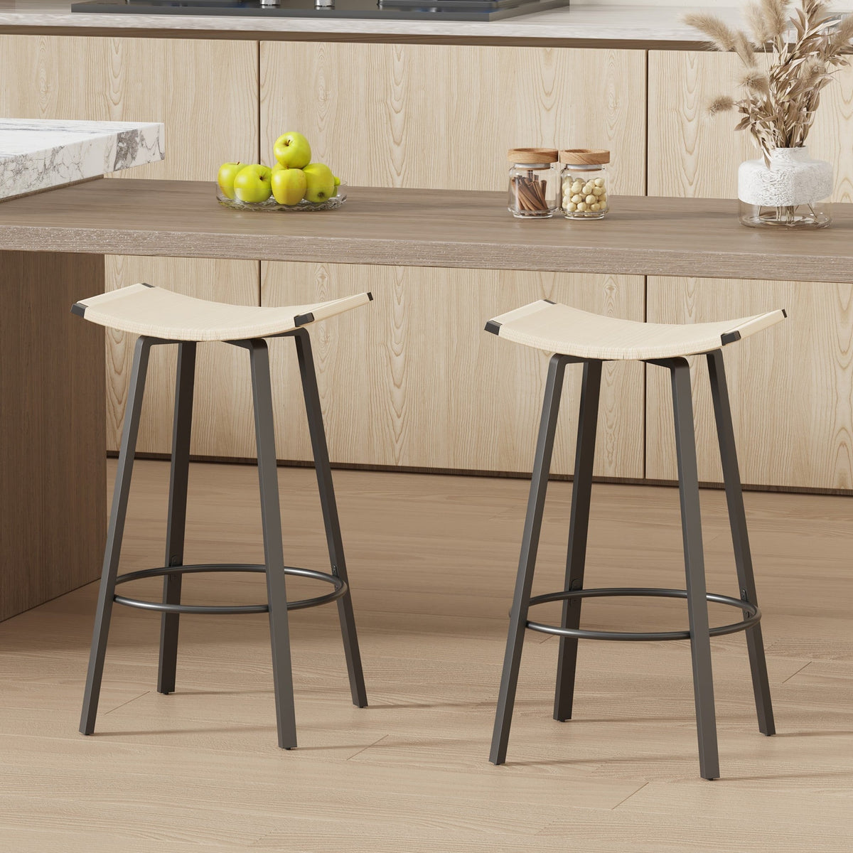 Set of 2 Counter Height Bar Stools Backless Handwoven Kitchen Dining Chairs with Round Footrest PVC Weaving Pub Stool for Indoor & Outdoor (White)